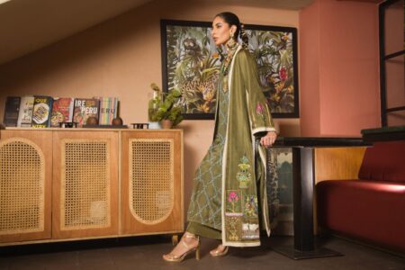 Olive green katan silk coat with multicoloured arri work paired with block printed slip & capri pants - SHK-1136 - Image 3