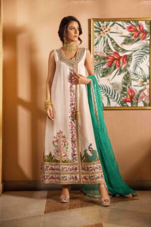 Pale pink silk angarkha with handworked arri embroidery paired with capri pants & organza dupatta - SHK-1135