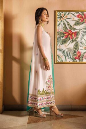Pale pink silk angarkha with handworked arri embroidery paired with capri pants & organza dupatta - SHK-1135