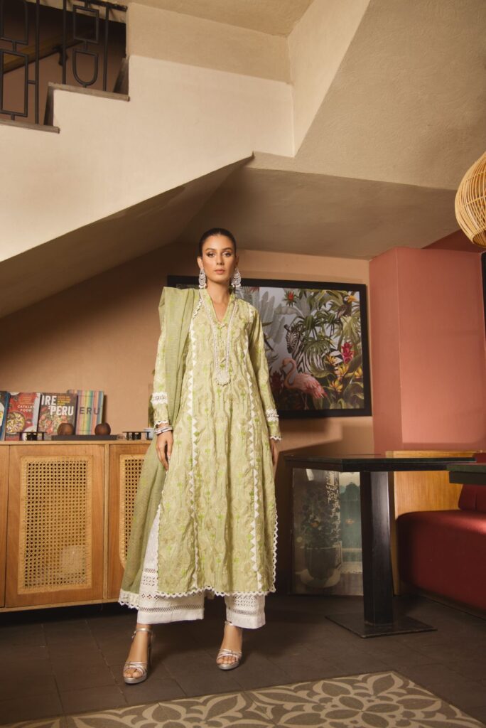 Mint green shirt with white embroidery detailing paired with chikan azaar paired with coordinated block printed dupatta - SHK-1141
