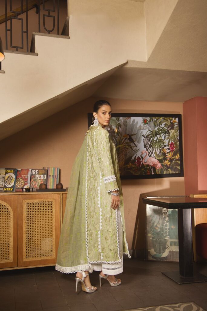 Mint green shirt with white embroidery detailing paired with chikan azaar paired with coordinated block printed dupatta - SHK-1141 - Image 2
