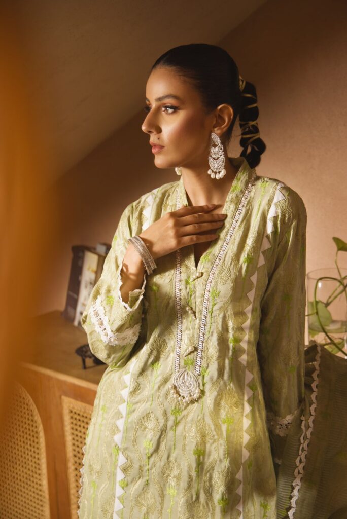 Mint green shirt with white embroidery detailing paired with chikan azaar paired with coordinated block printed dupatta - SHK-1141 - Image 4