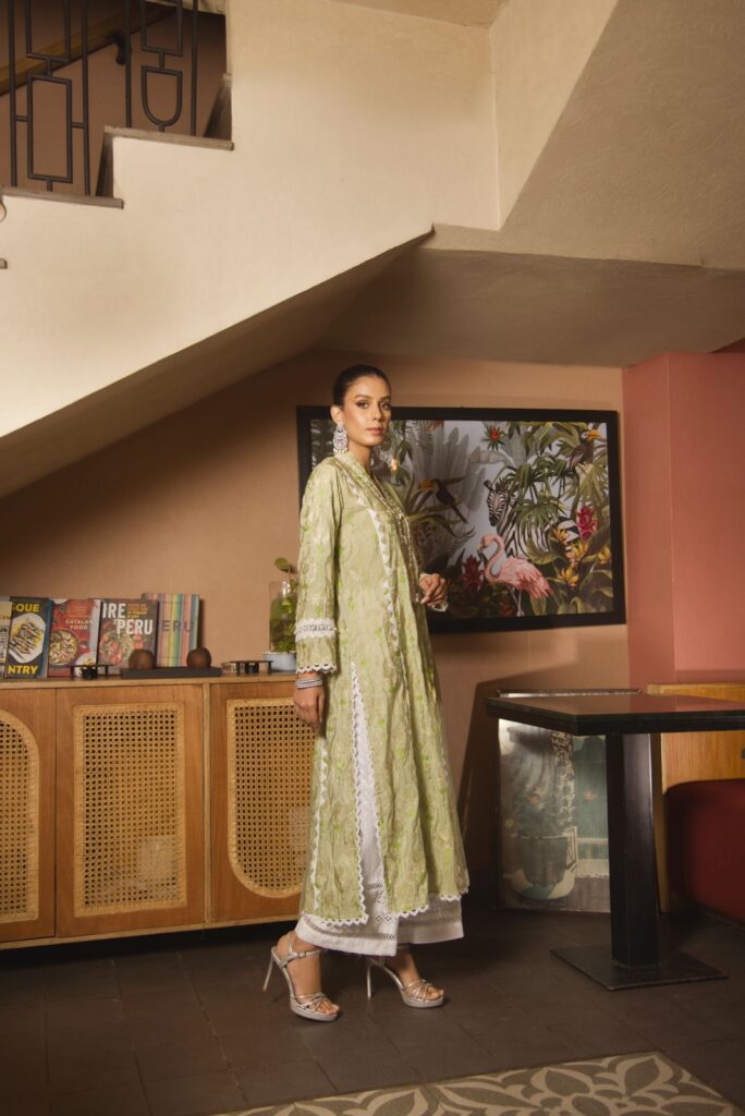 Mint green shirt with white embroidery detailing paired with chikan azaar paired with coordinated block printed dupatta - SHK-1141 - Image 3