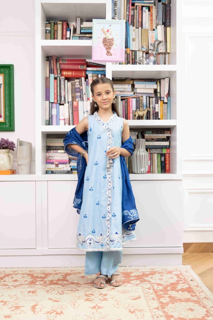 Light Blue Embroidered Anarkali With Matching Azaar & Block Printed Dupatta – Shkk-1146 - Image 2