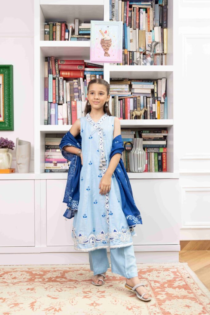 Light Blue Embroidered Anarkali With Matching Azaar & Block Printed Dupatta – Shkk-1146