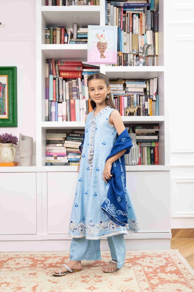 Light Blue Embroidered Anarkali With Matching Azaar & Block Printed Dupatta – Shkk-1146 - Image 3