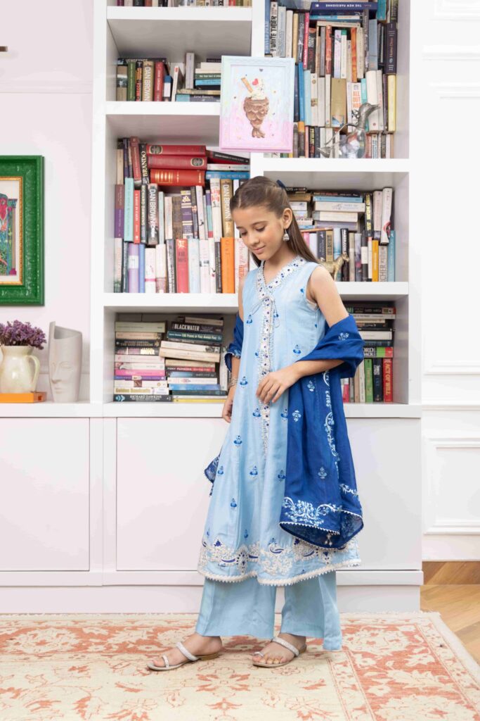 Light Blue Embroidered Anarkali With Matching Azaar & Block Printed Dupatta – Shkk-1146 - Image 4