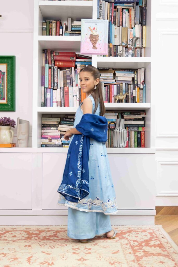 Light Blue Embroidered Anarkali With Matching Azaar & Block Printed Dupatta – Shkk-1146 - Image 5