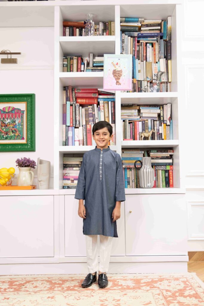 Grey Cotton Boys Embroidered Kurta Paired With White Shalwar – Shkk-1154 - Image 4
