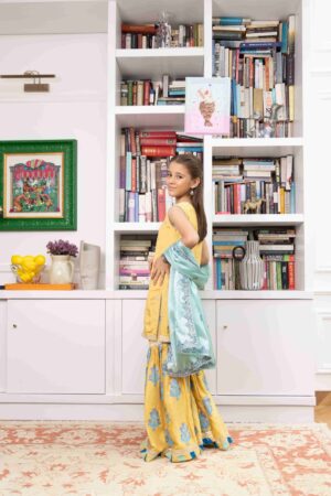 Yellow Handworked Shirt With Silver Embroidery With Block Printed Gharara & Dupatta – Rtd