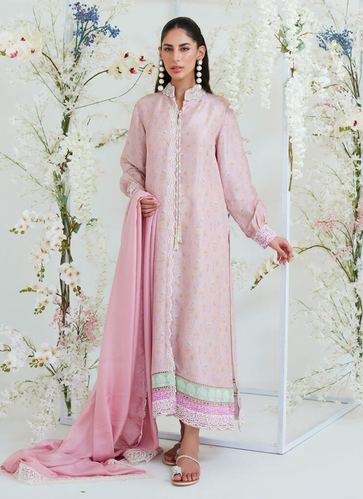 Arya Chai Pink Floral Shirt With Silk Dupatta