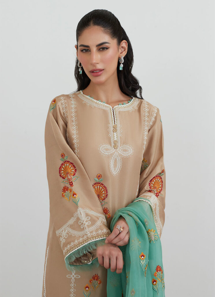 Latte Embroidered Shirt With Organza Dupatta - Image 2