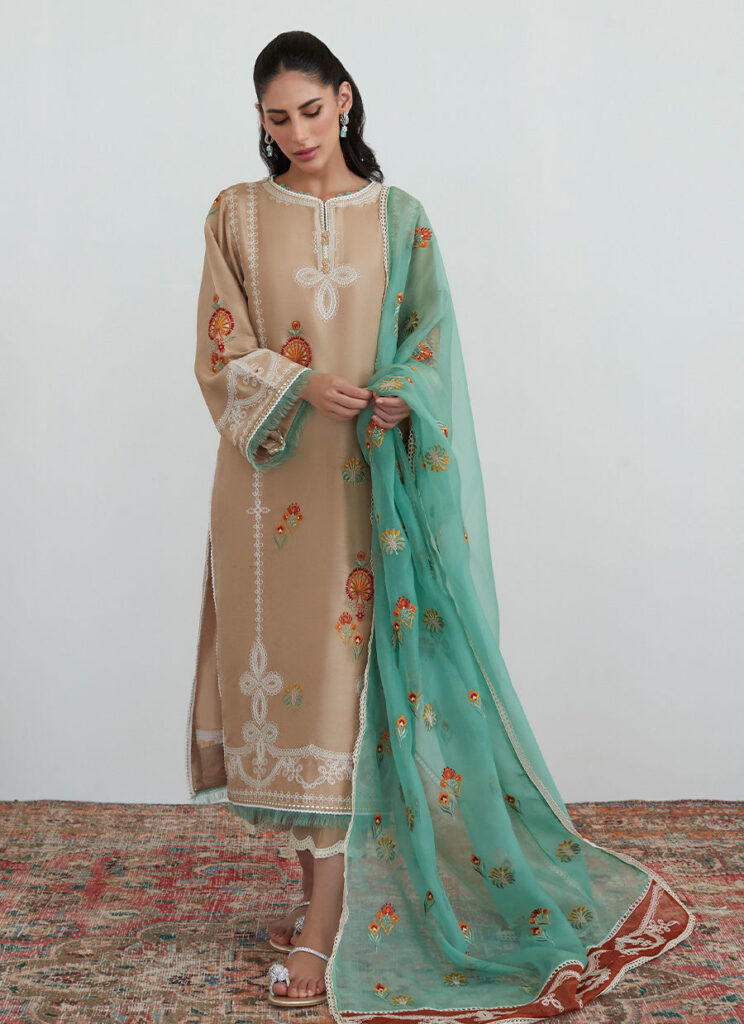 Latte Embroidered Shirt With Organza Dupatta - Image 4