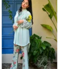 Tiffany Blue Peplum Top With Printed Pants - Image 2