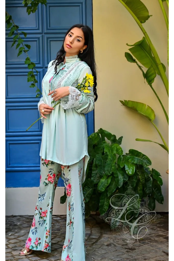 Tiffany Blue Peplum Top With Printed Pants - Image 2