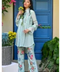 Tiffany Blue Peplum Top With Printed Pants