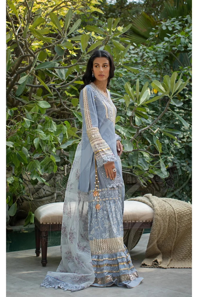 Periwinkle Tunic With Gharara And Printed Dupatta - Image 3
