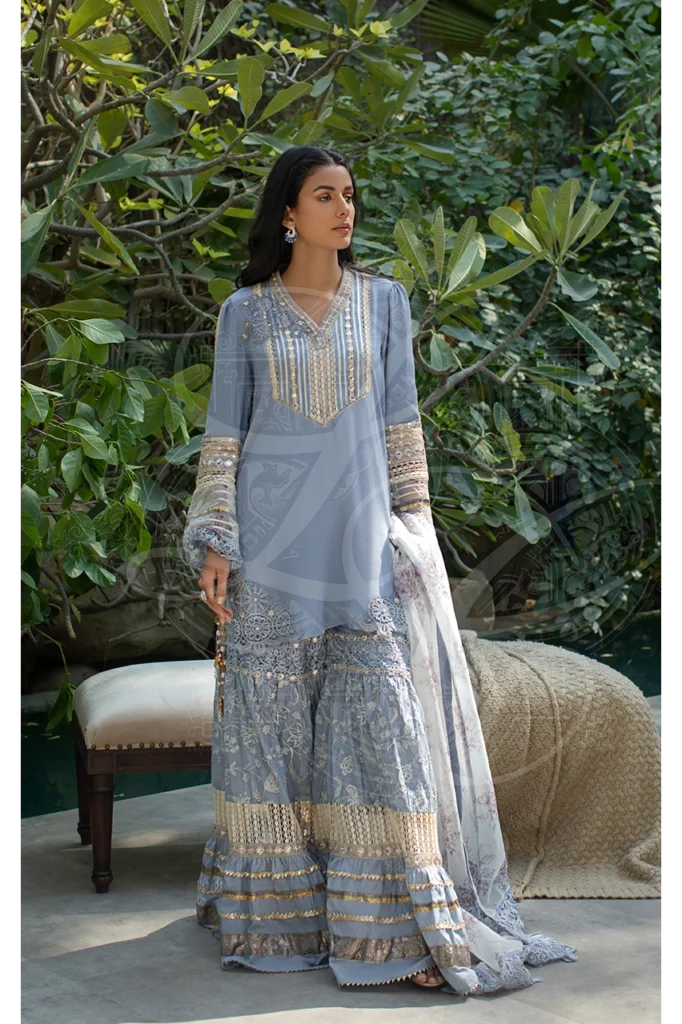 Periwinkle Tunic With Gharara And Printed Dupatta