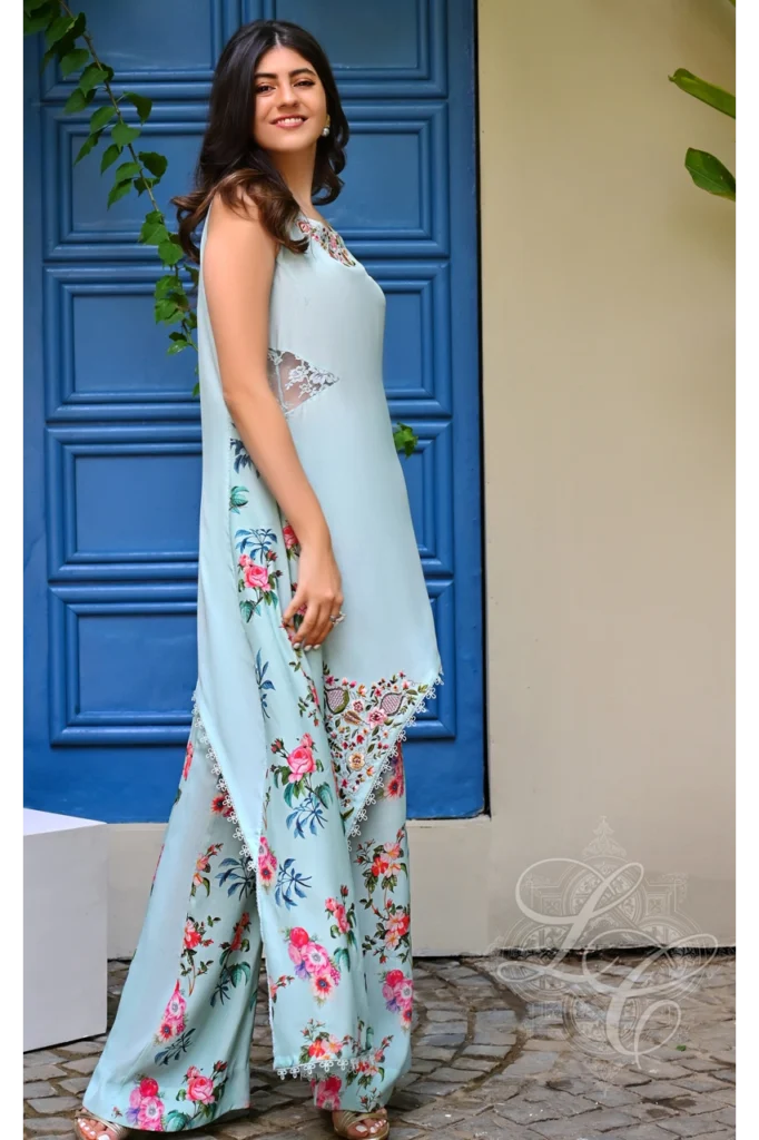 Asymmetric Tiffany Blue Shirt With Printed Pants - Image 3