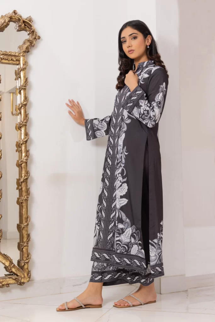 Monochrome digitally printed silk shirt with matching azaar - SHK-1155 - Image 2