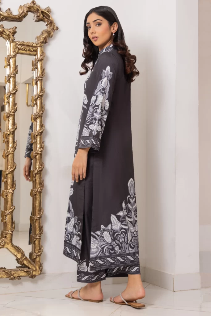 Monochrome digitally printed silk shirt with matching azaar - SHK-1155 - Image 3