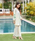 Beige irish linen shirt with green detailing paired with matching azaar - SHK-1196 - Image 2
