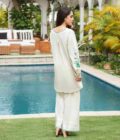 Beige irish linen shirt with green detailing paired with matching azaar - SHK-1196 - Image 4