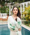Beige irish linen shirt with green detailing paired with matching azaar - SHK-1196 - Image 3