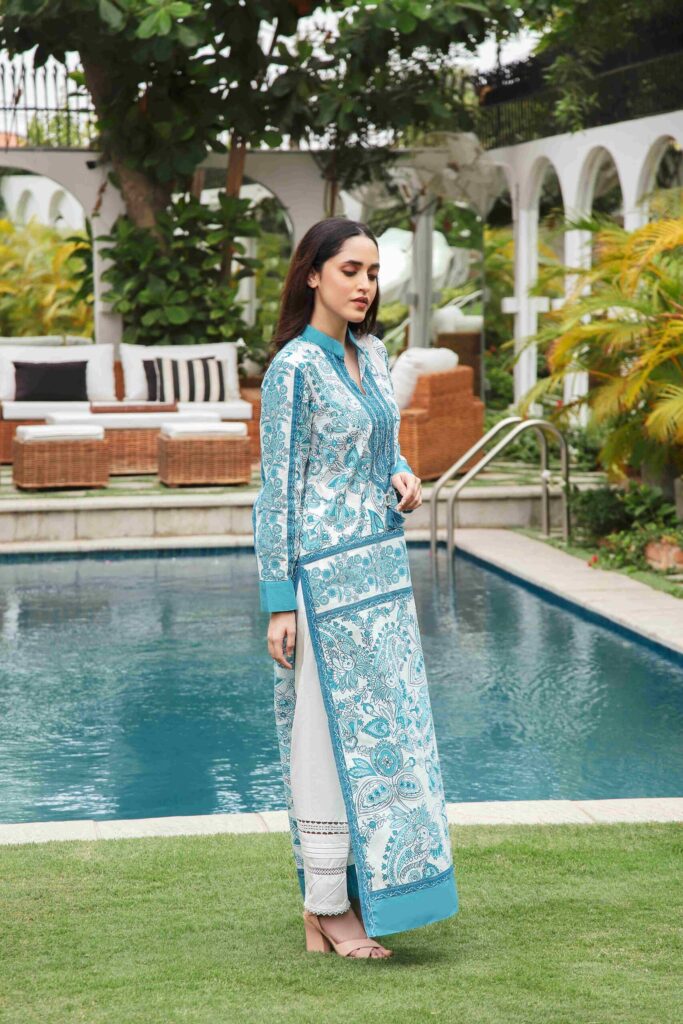 Blue & white screen printed long shirt paired with a white capri - SHK-1194 - Image 5