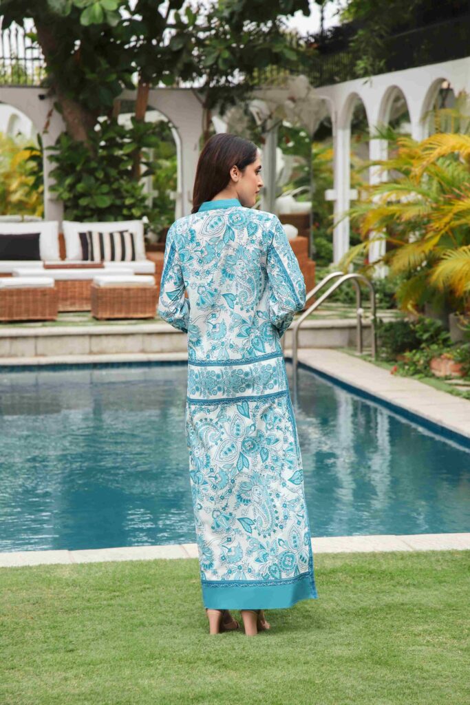 Blue & white screen printed long shirt paired with a white capri - SHK-1194 - Image 4