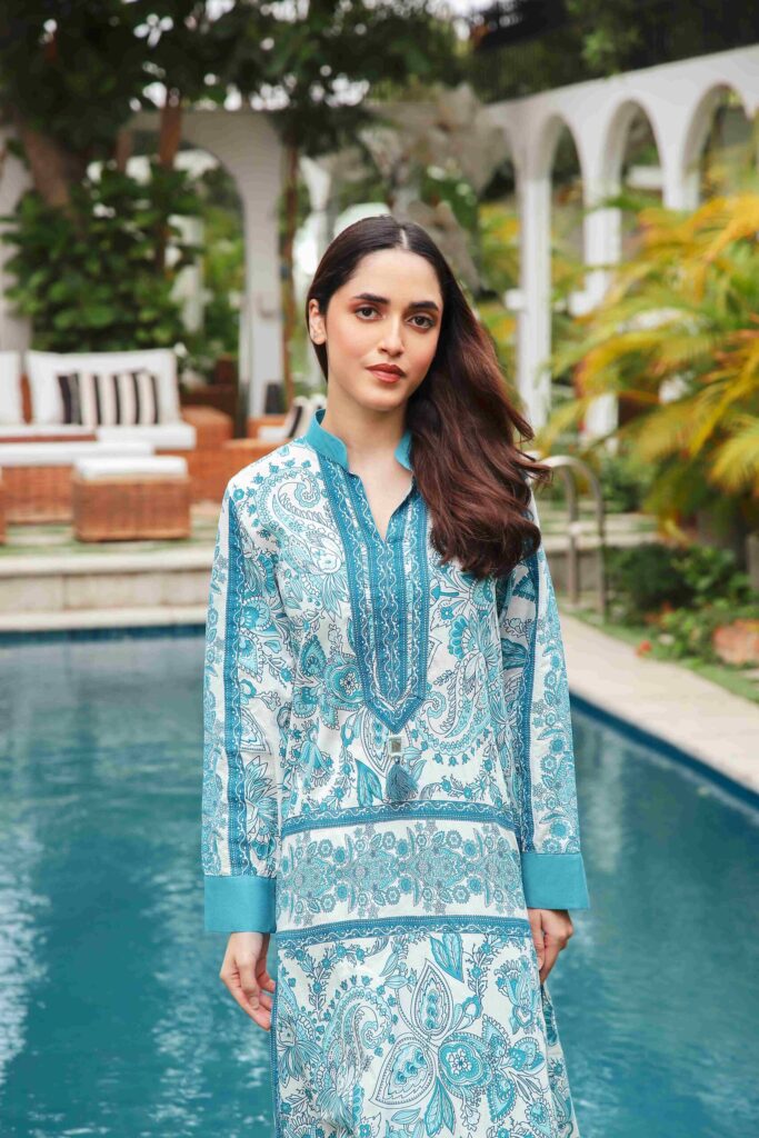 Blue & white screen printed long shirt paired with a white capri - SHK-1194 - Image 3