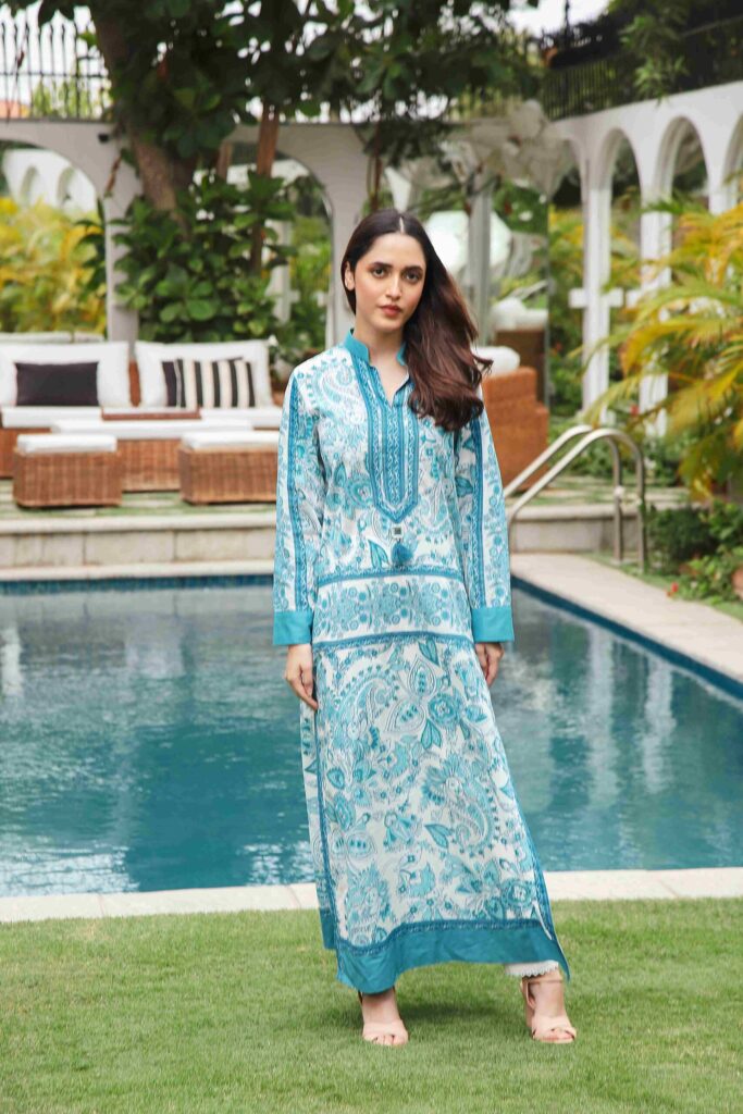 Blue & white screen printed long shirt paired with a white capri - SHK-1194 - Image 2