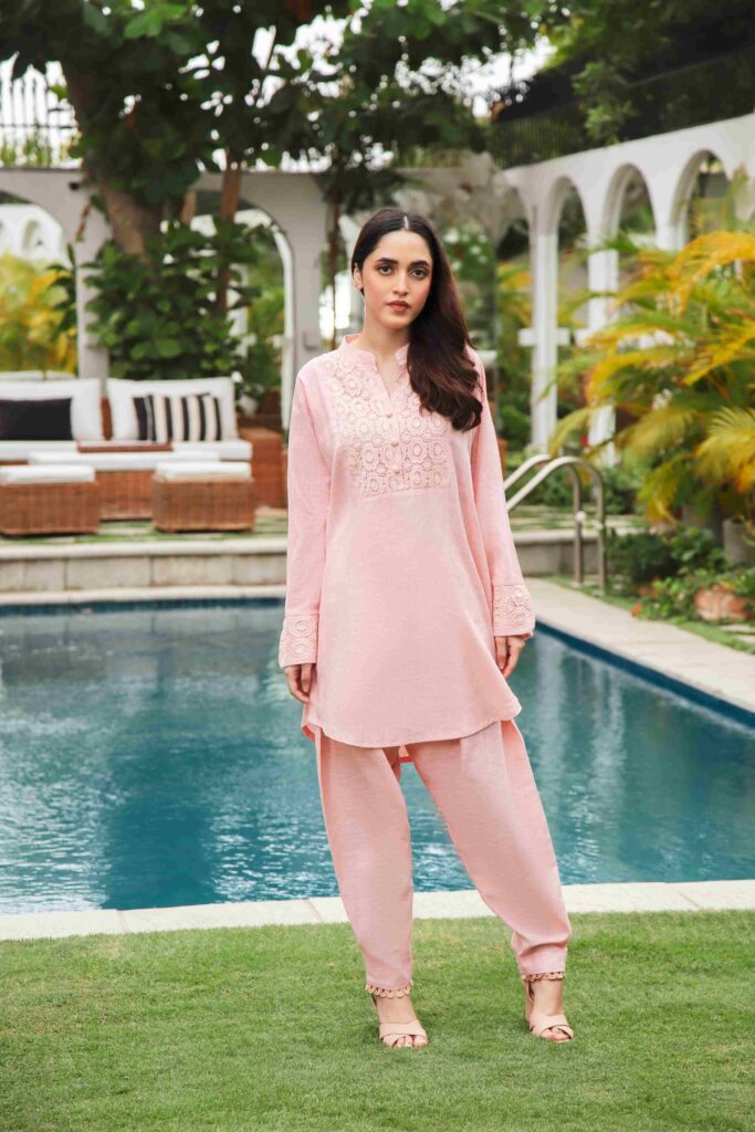 Peach irish linen shirt with lace detailing paired with matching shalwar - SHK-1195