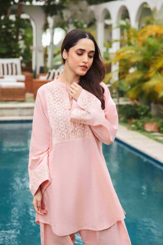 Peach irish linen shirt with lace detailing paired with matching shalwar - SHK-1195 - Image 3