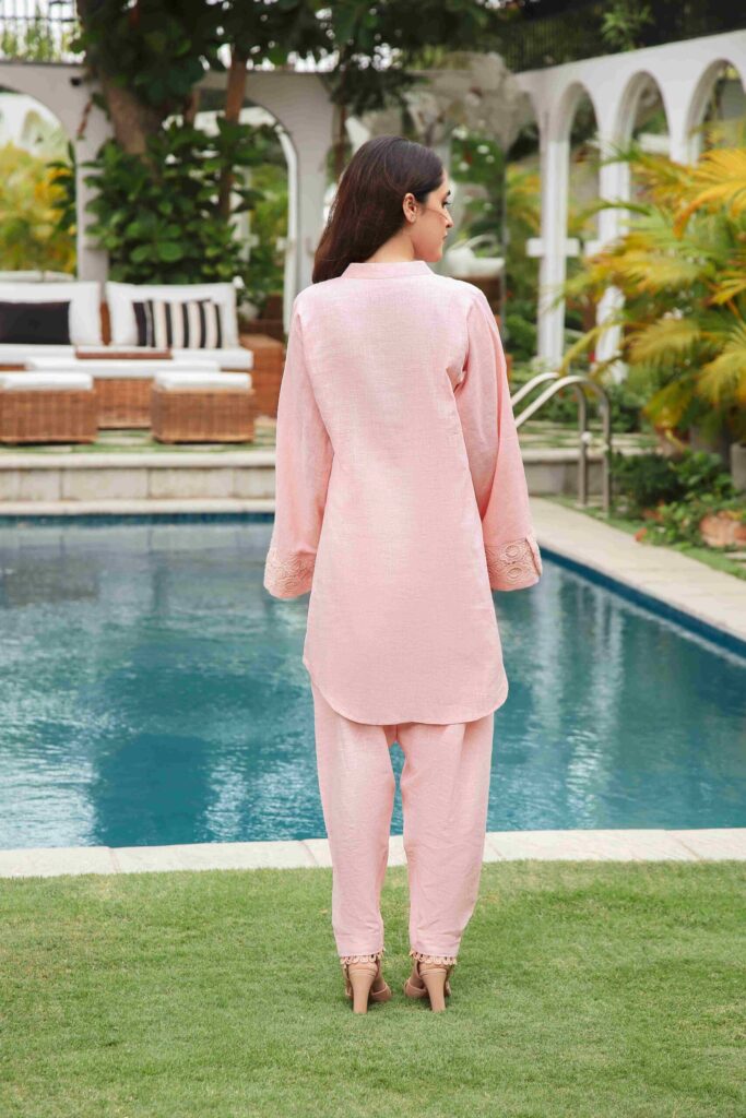 Peach irish linen shirt with lace detailing paired with matching shalwar - SHK-1195 - Image 2