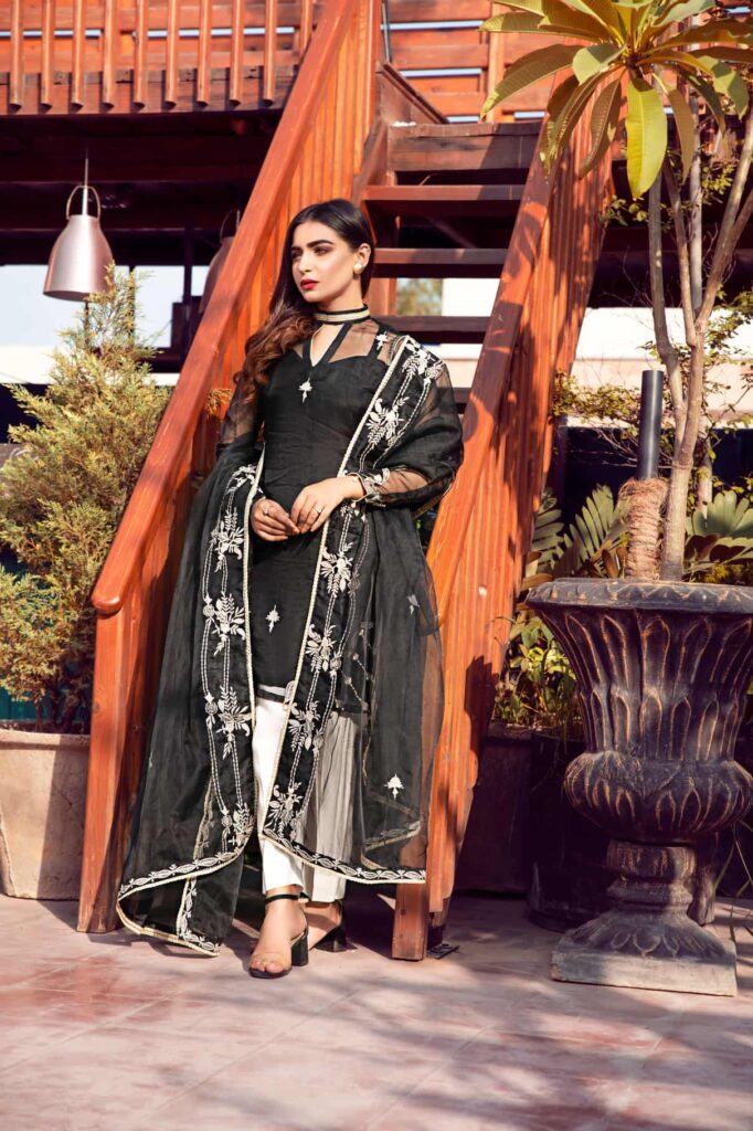 Black Embroidered Shirt & Organza Dupatta