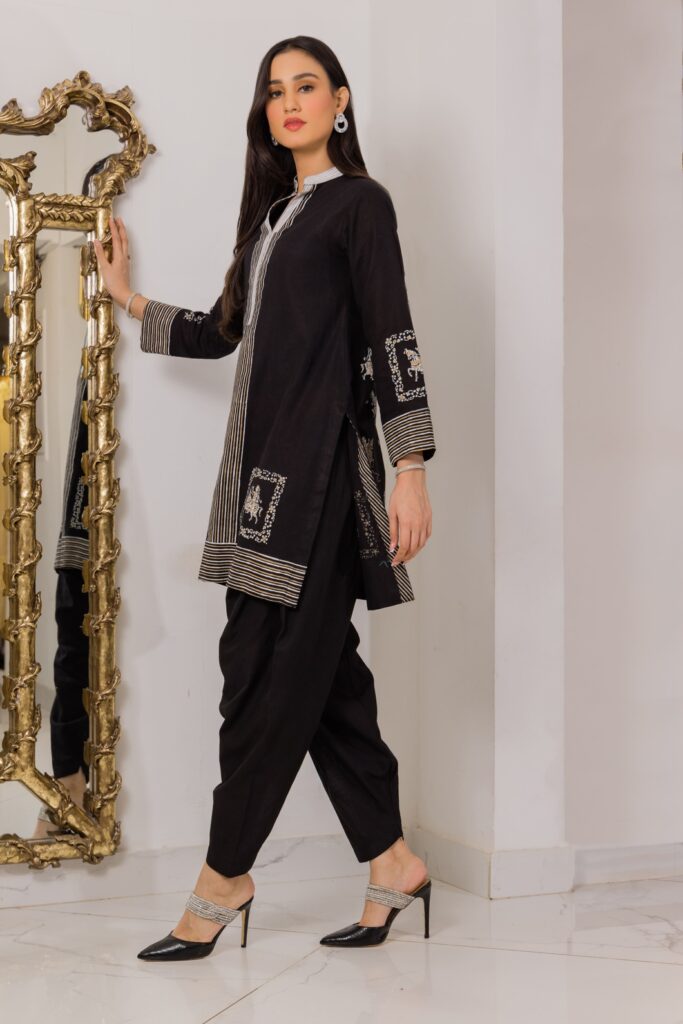 Black Monochrome Khaddar Set - SHK-1239 - Image 4