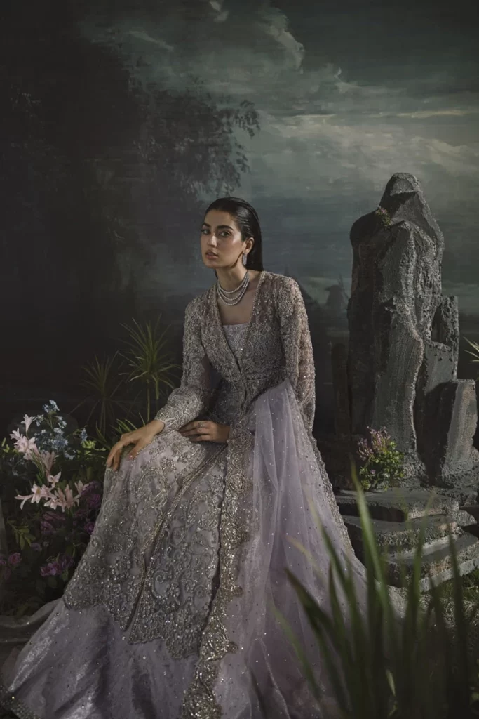 Aura Lavender And Silver Banarsi Lehenga - Image 4