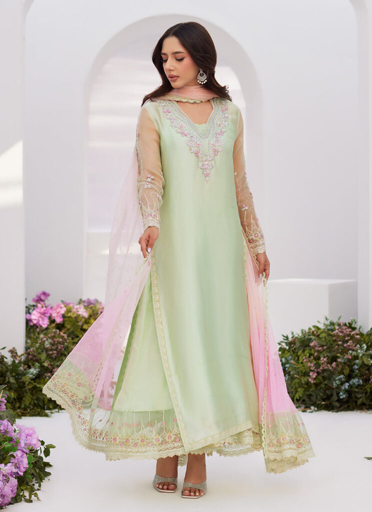 Collette Mint Ombre Embellished Column Shirt With Kalidaar With Embroidered Slip