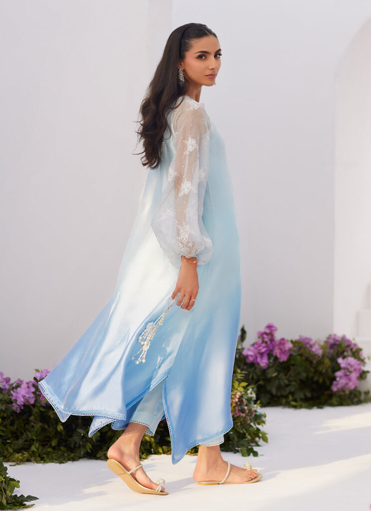 Bow Ombre Blue Embellished Kaftan Cut Shirt - Image 2