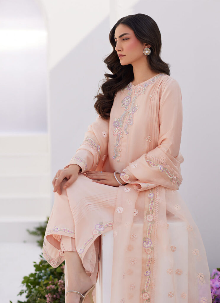 Elea Peach Embroidered Raw Silk Shirt And Dupatta - Image 2