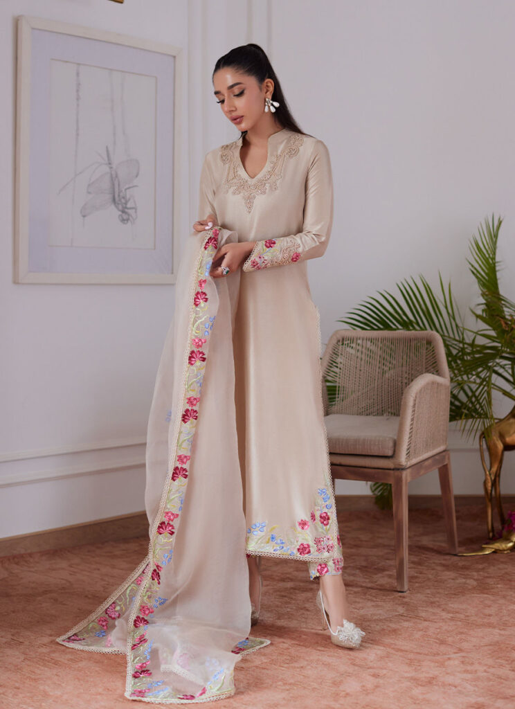Liara Sand Embroidered Raw Silk Shirt And Dupatta - Image 5