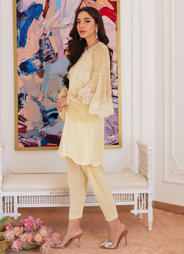 Esmeralda Pastel Yellow Raw Silk Shirt With Attached Cape - Image 5