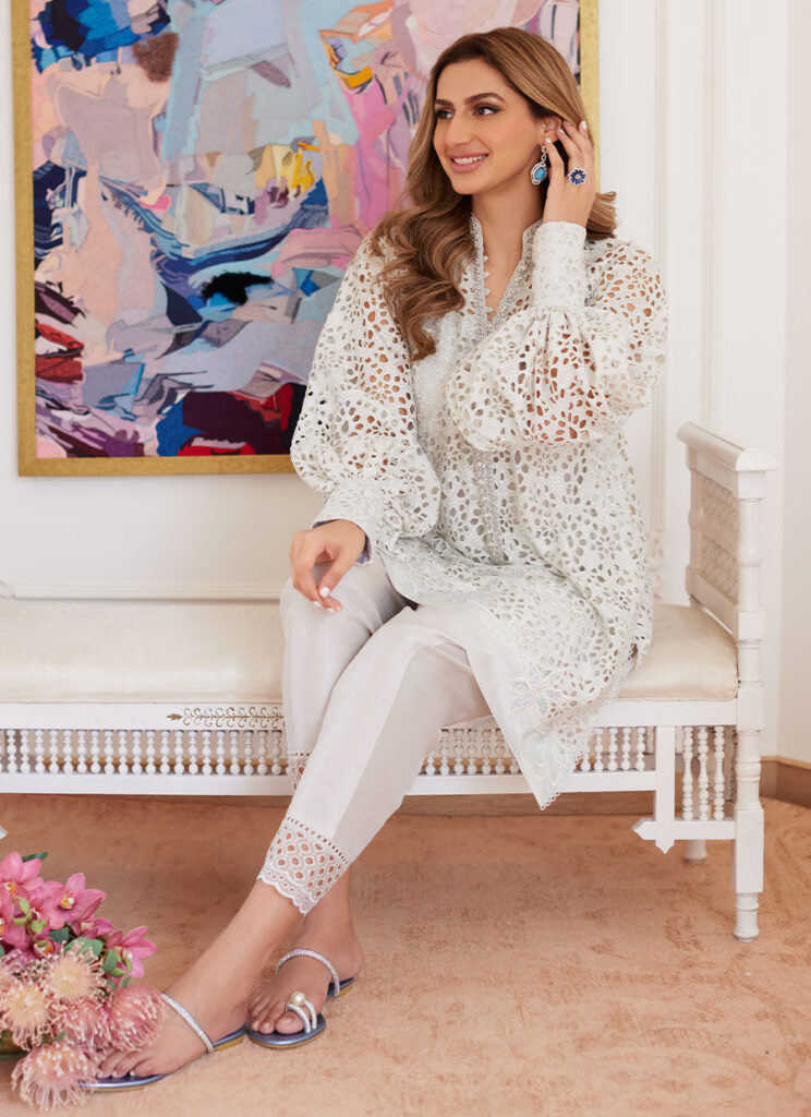 Ophelia Ivory Embroidered Schiffli Raw Silk Shirt - Image 3