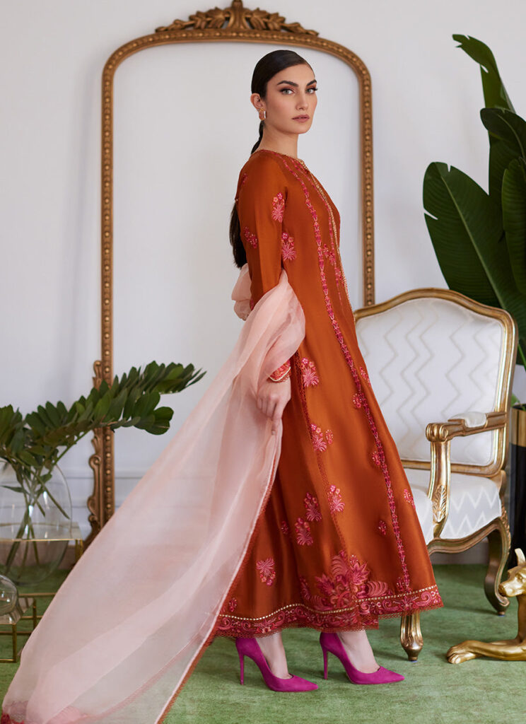 Seneera Embroidered Rust Raw Silk Kalidaar With Dupatta - Image 2