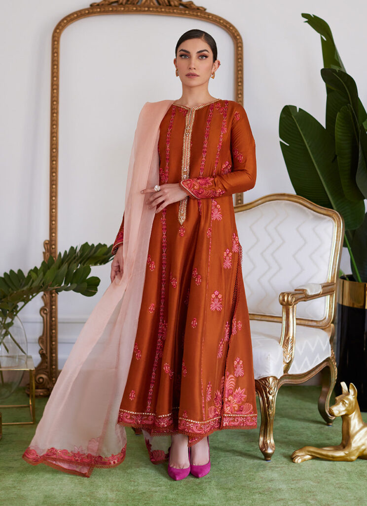 Seneera Embroidered Rust Raw Silk Kalidaar With Dupatta - Image 3