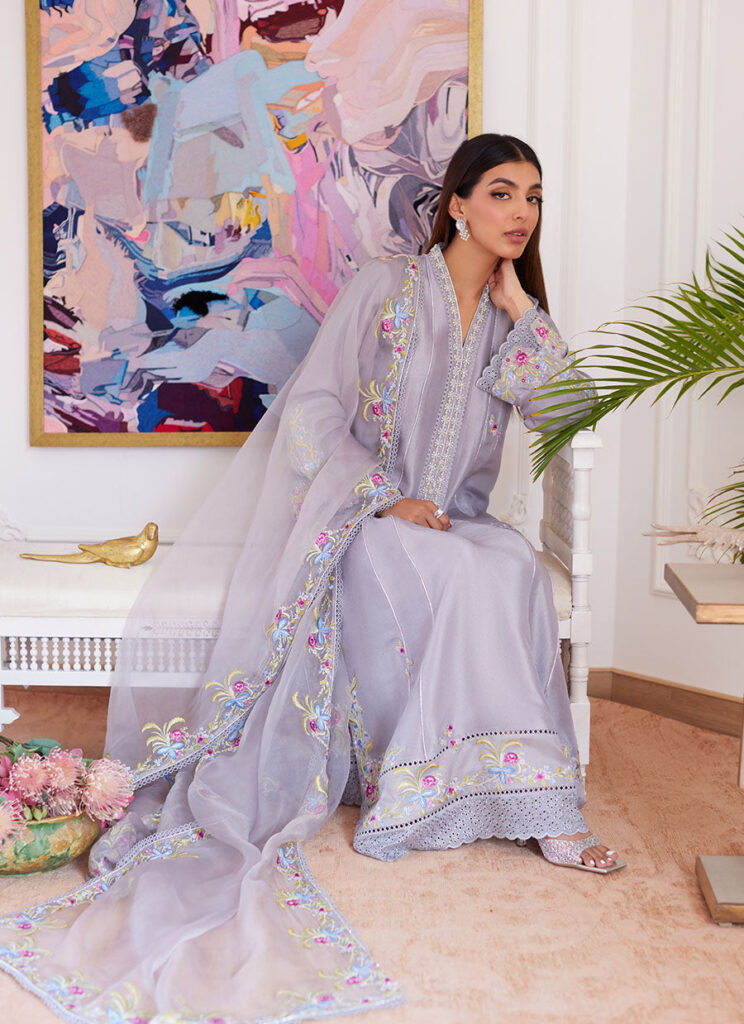 Odette Silver Grey Embroidered Raw Silk Kalidar With Dupatta - Image 2