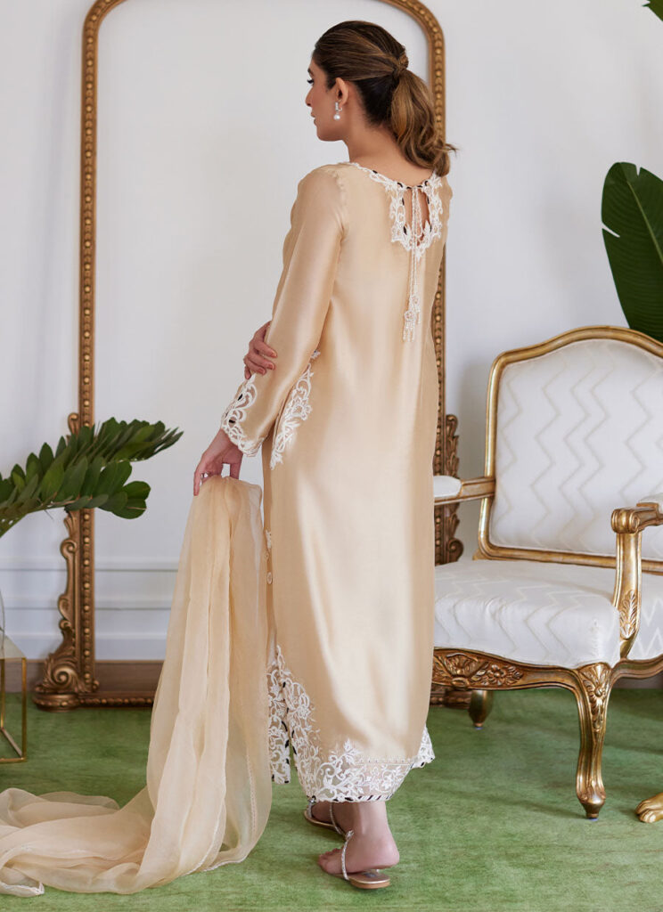 Melvina Champagne Beige Embroidered Shisha Silk Shirt With Dupatta - Image 2