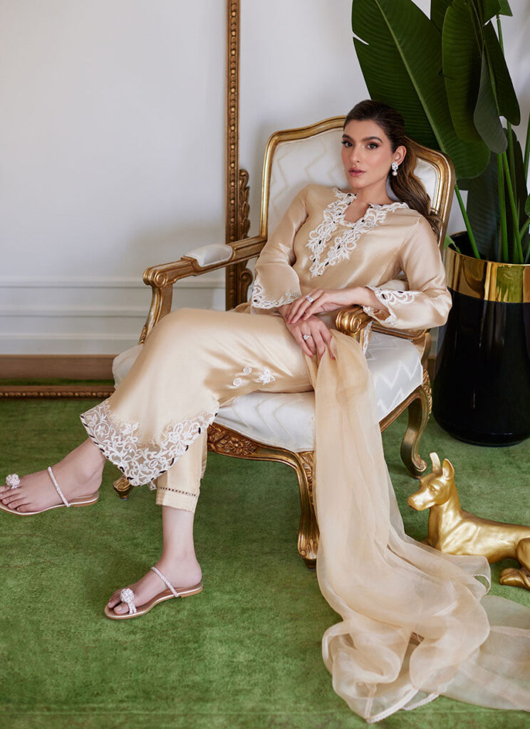 Melvina Champagne Beige Embroidered Shisha Silk Shirt With Dupatta - Image 3