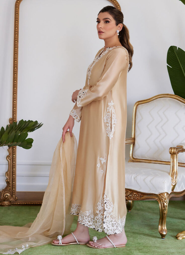 Melvina Champagne Beige Embroidered Shisha Silk Shirt With Dupatta - Image 4